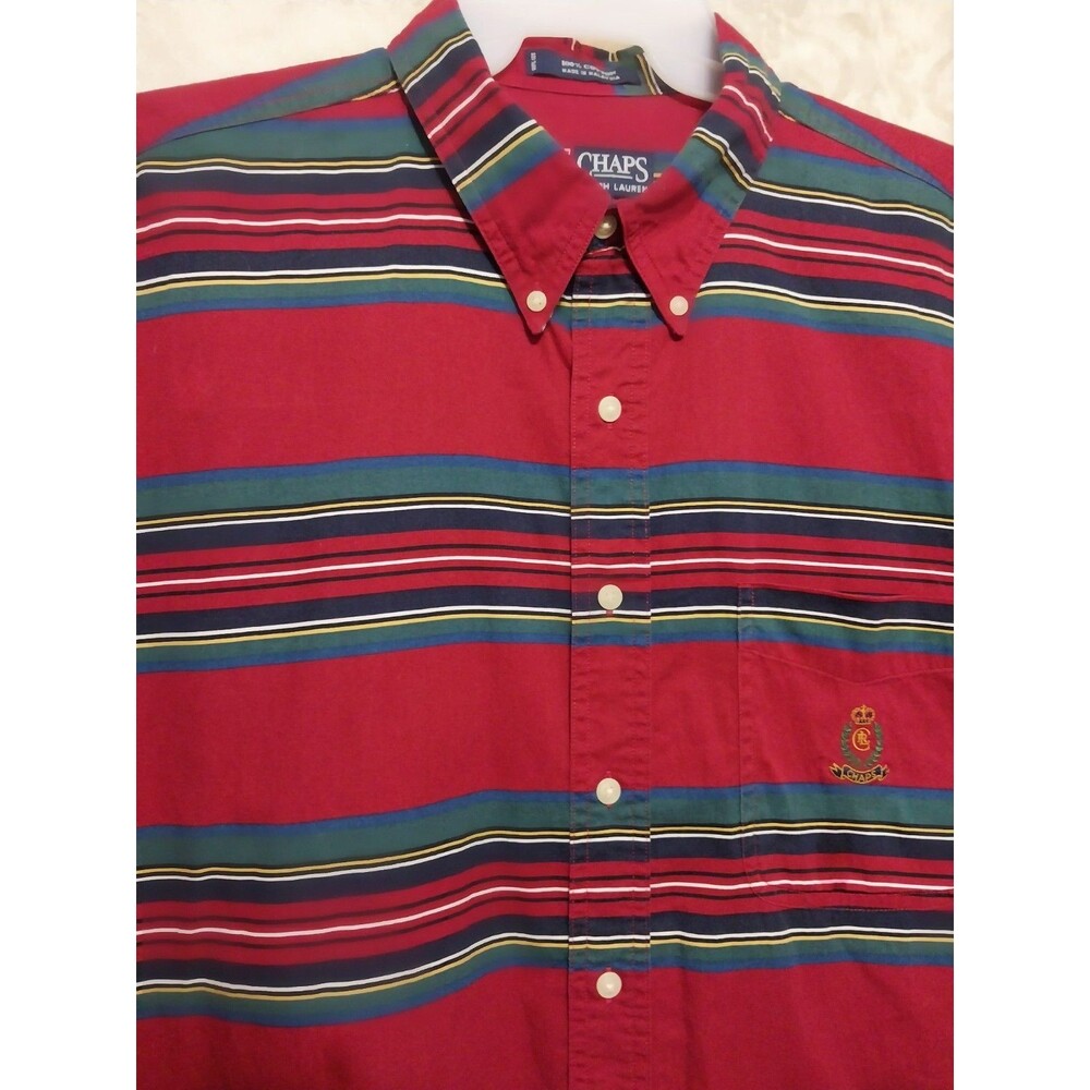 Vintage Chaps Ralph Lauren Shirt XL Striped Red Short Sleeve 90s Y2K Crest Logo